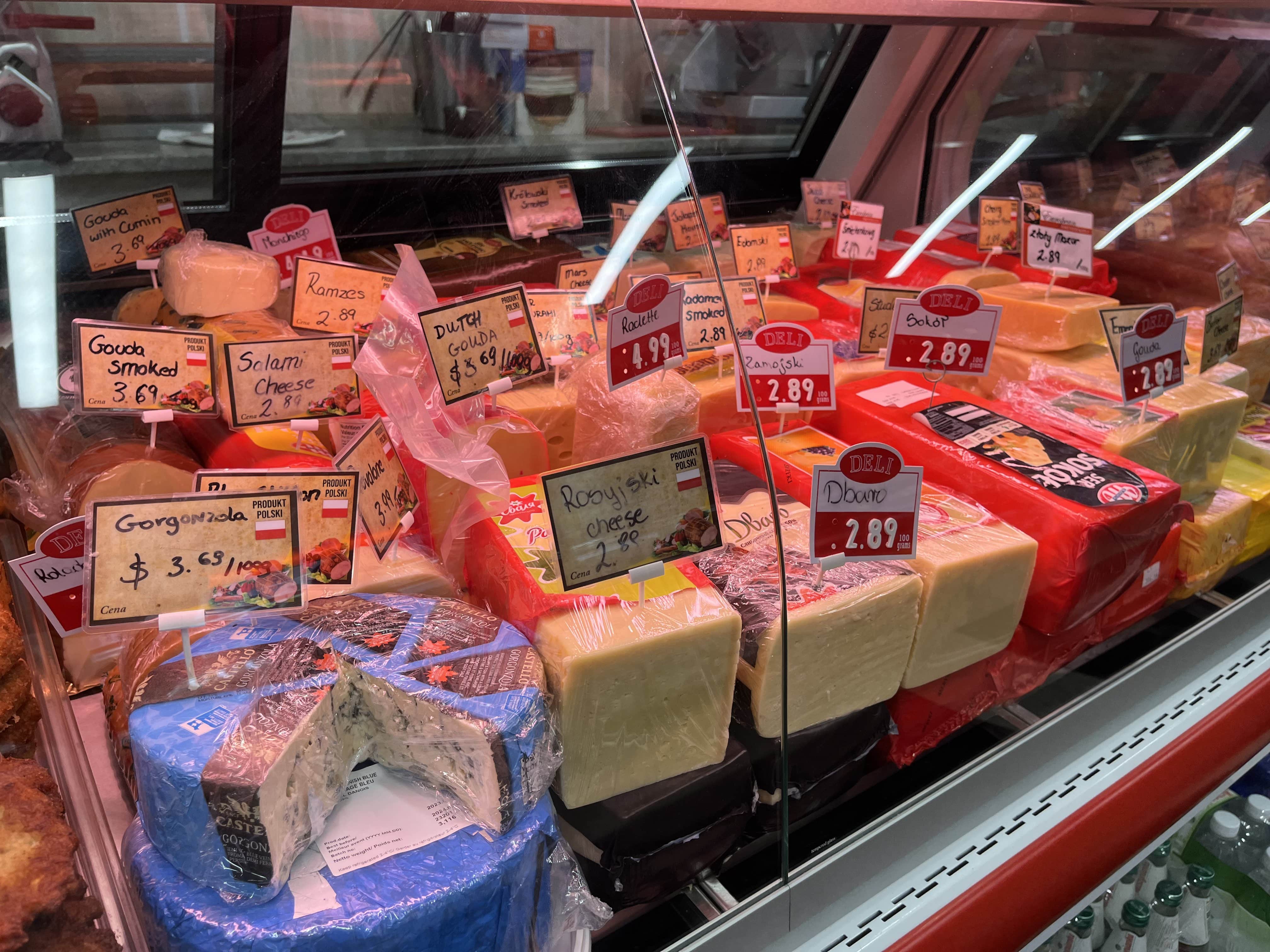 Assortment of European cheeses on display