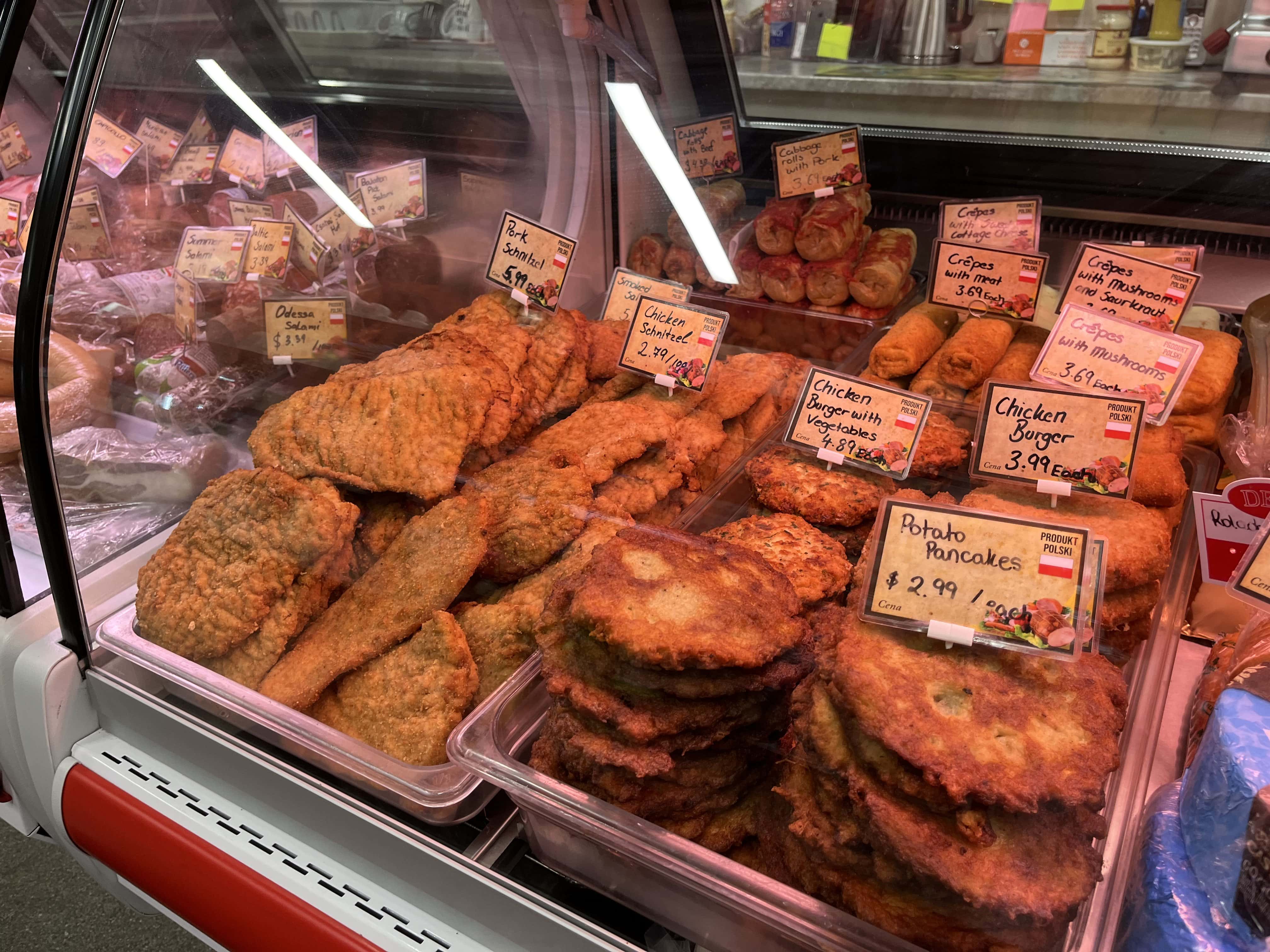 Hot table with freshly made European dishes like schnitzels and more