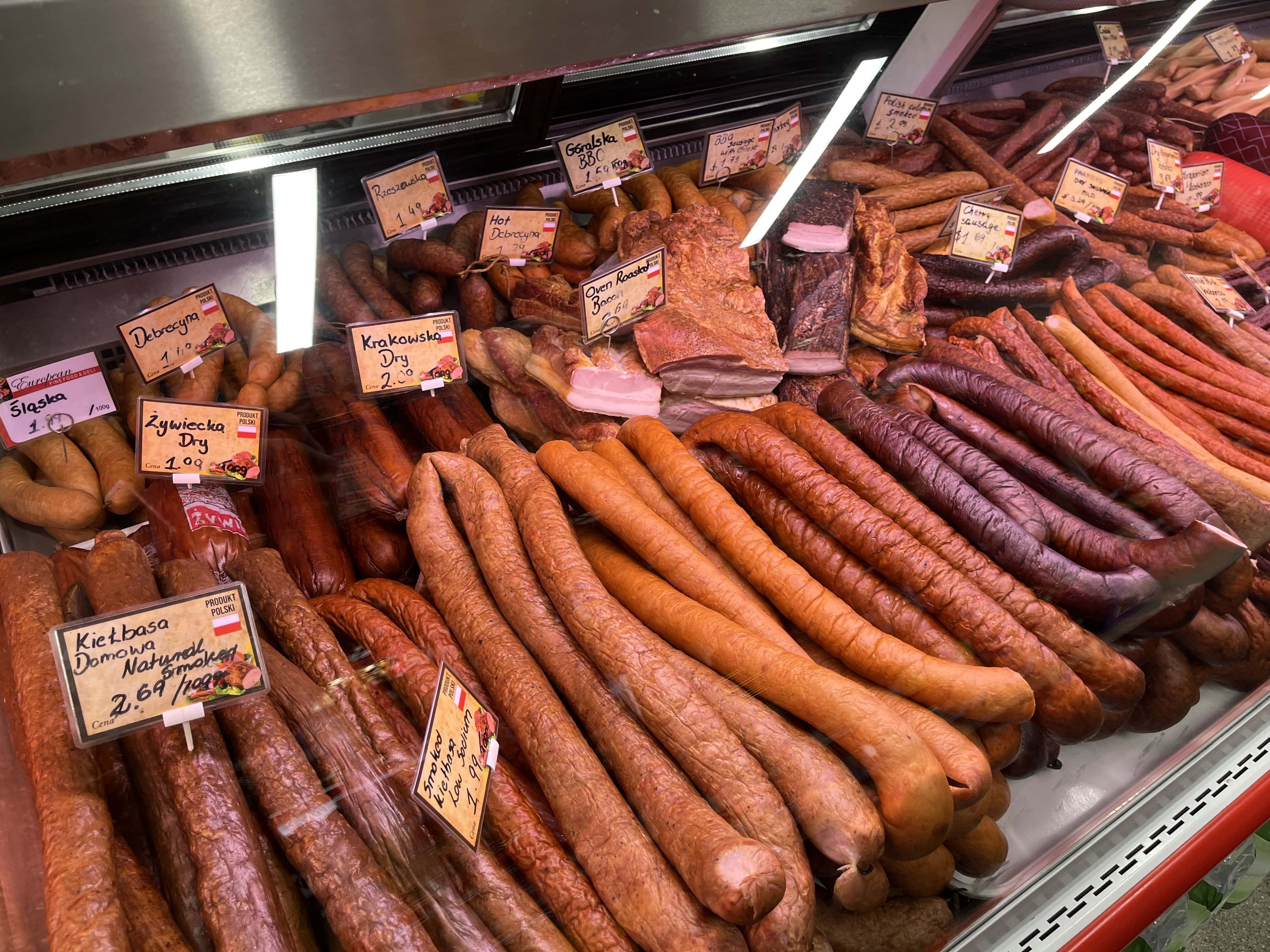 Assortment of European sausages on display